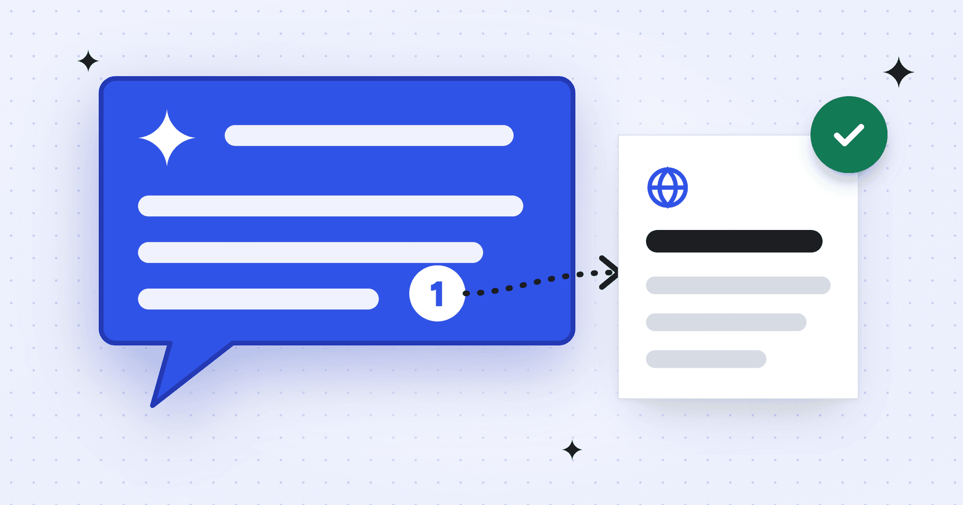A blue AI answer bubble with a sparkle and a numbered citation pointing to a source page with a green check, for answer engine optimization